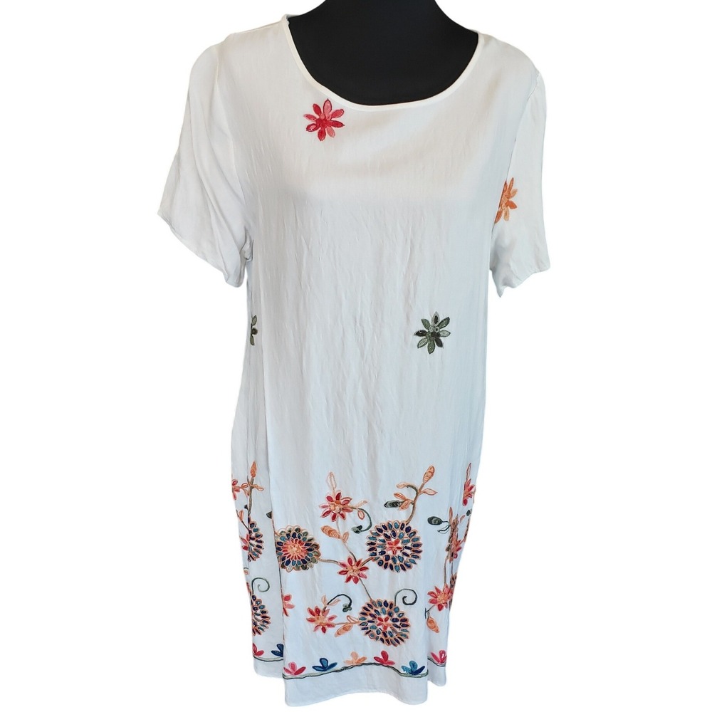 Ana & Rose White Floral Embroidered Shift Dress Womens‎ Large Boho Short Sleeve